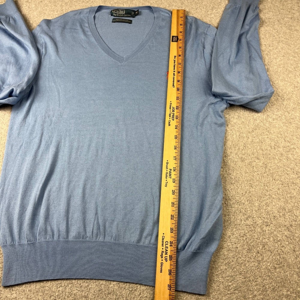 Polo Ralph Lauren Sweater Mens Medium Blue Pima Cotton V-Neck Orange Pony Logo - Picture 8 of 9